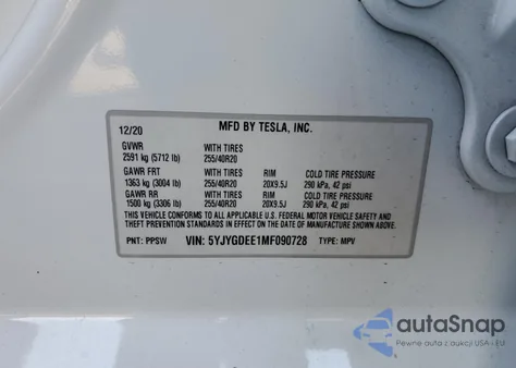 2021 Tesla Model Y z USA, uszkodzony, nr VIN 5YJYGDEE1MF090728